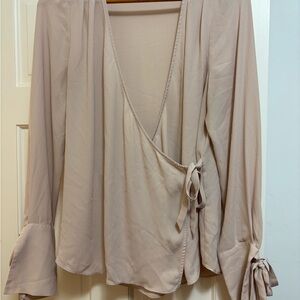 Elegant Wrap Blouse with Tie Sleeves